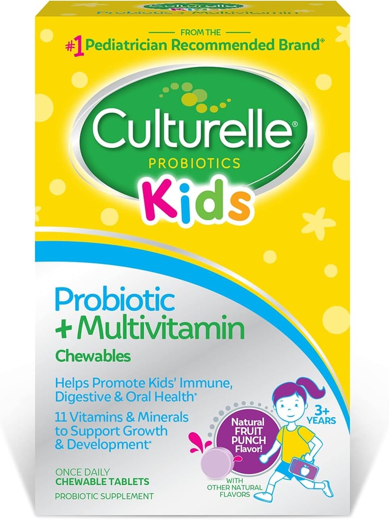 Culturelle Kids Probiyotik + Çocuklar için Çokvitamin Chewable, Çocukların yaşları 3+, 30 Count, Digestive Health, Oral Health & Immune Support - 11 Vitamins & Minerals, Vitamin C, D3 & çinko dahil olmak üzere