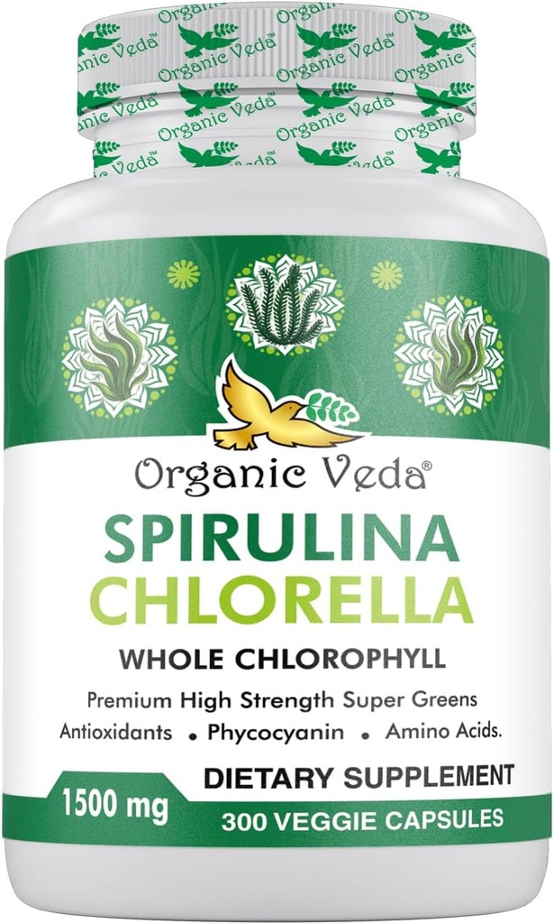 Organik Veda Spirulina & Chlorella Capsules, 1500 mg, 300 Kont - Spirulina Chlorella Capsules with Super Green Antioksis, Phycocyanin, Amino Asit - Boost Immunity, Energy, Support Digestion