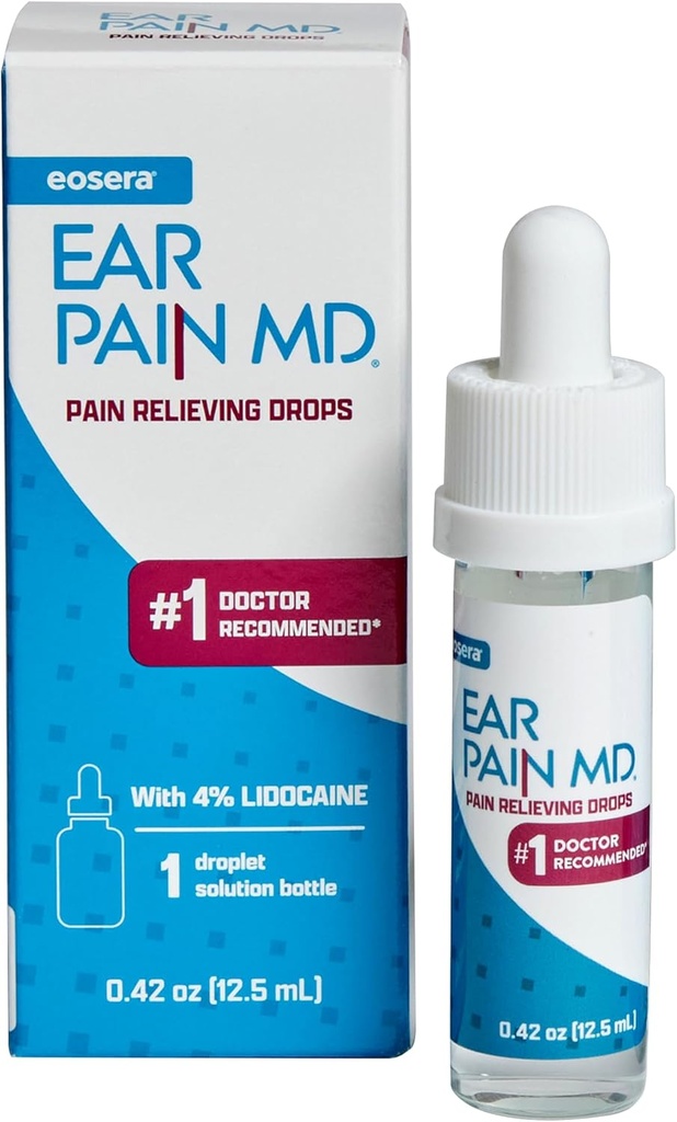 Eosera Ear Pain MD® - 4% Lidokak Ear Drops for Maximum Strength Pain Relief - Fast-Acting, Numbing Earache Tedavisi for Yetişkinler & Çocuklar (12.5 mL)