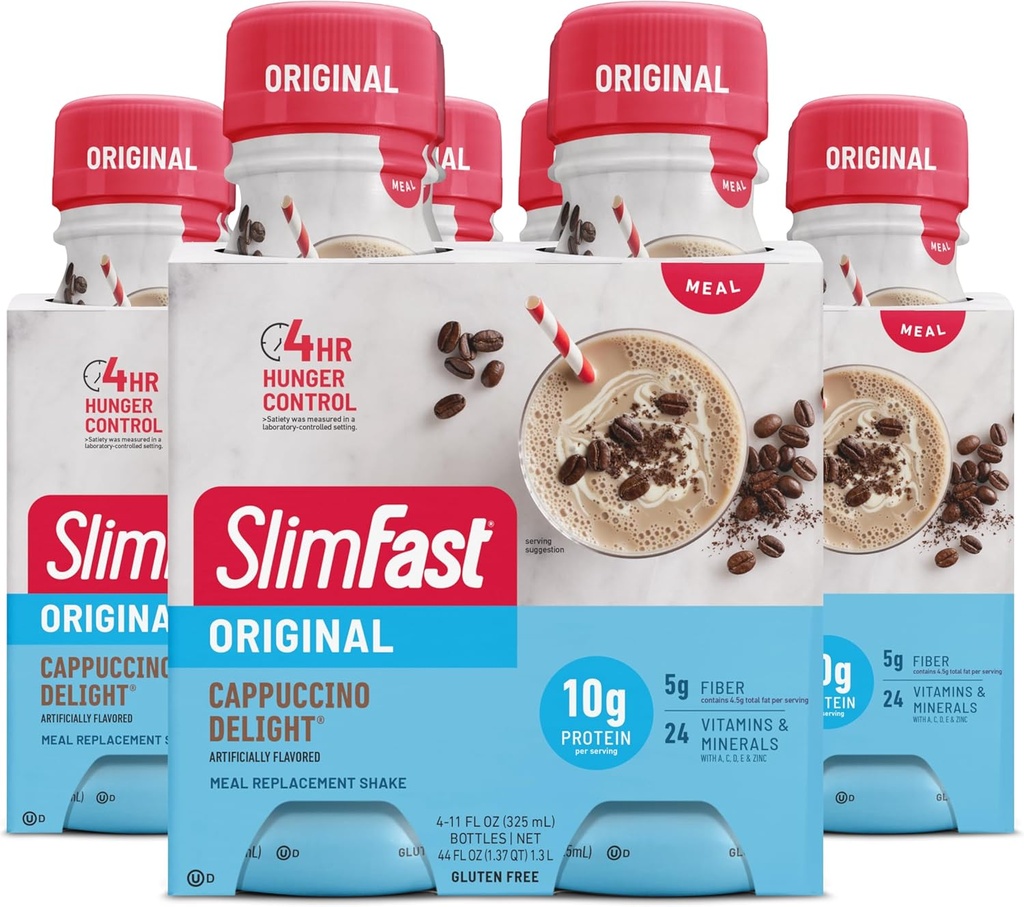 SlimFast Replacement Meal Shake, Original Cappuccino Delight, 10g Ready to Drink Protein for Weight Loss, 11 Fl. Oz Bottle, 4 Count (Pack of 3) (Packing May Vary)