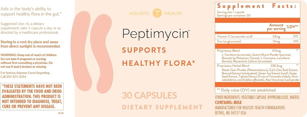 Holistic Health Pepti Mycin Supports Health Gut Flora - Sağlıklı Immune Sistemi ve Gastrointestinal Fonksiyonunu Desteklemek için Gut Health Supplements - 30 Capsules
