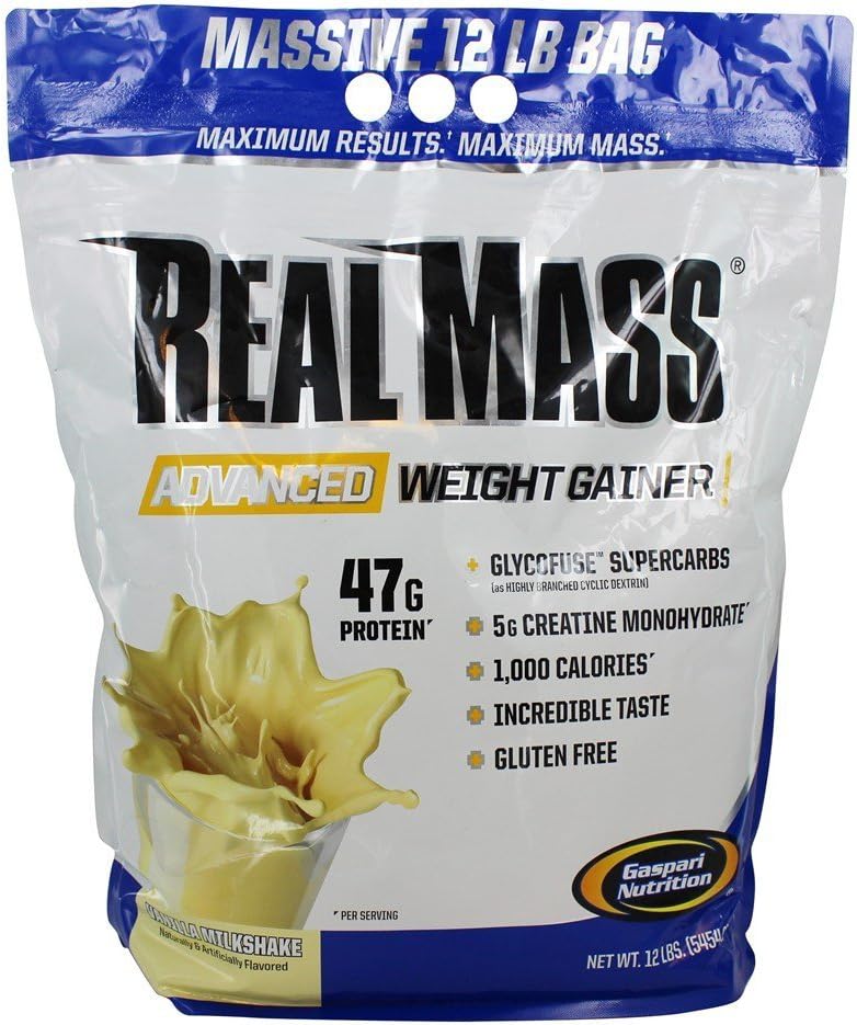 Gaspari Nutrition Real Mass: Advanced Weight Gainer, Protein and Complex Carb Blend, 50g Protein, 16g EAAs, Gluten-Free, 12 lbs (Vanilla Milkshake)