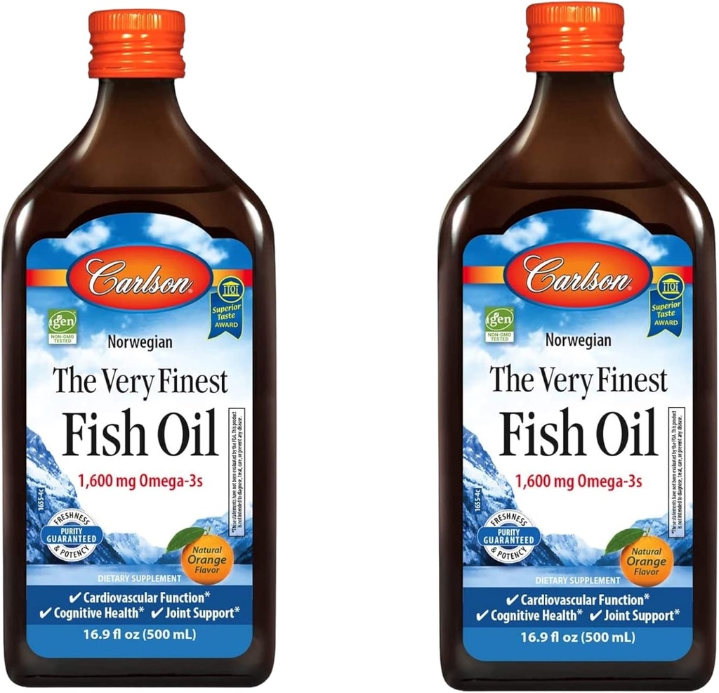 Carlson - The Very Finest Fish Oil, 1600 mg Omega-3s, Liquid Fish Oil Supplement, Norveç Fish Oil, Wild-Caught, Sustainable Sourced Fish Oil Liquid, Orange, 16.91 Fl Oz (Pack of 2)