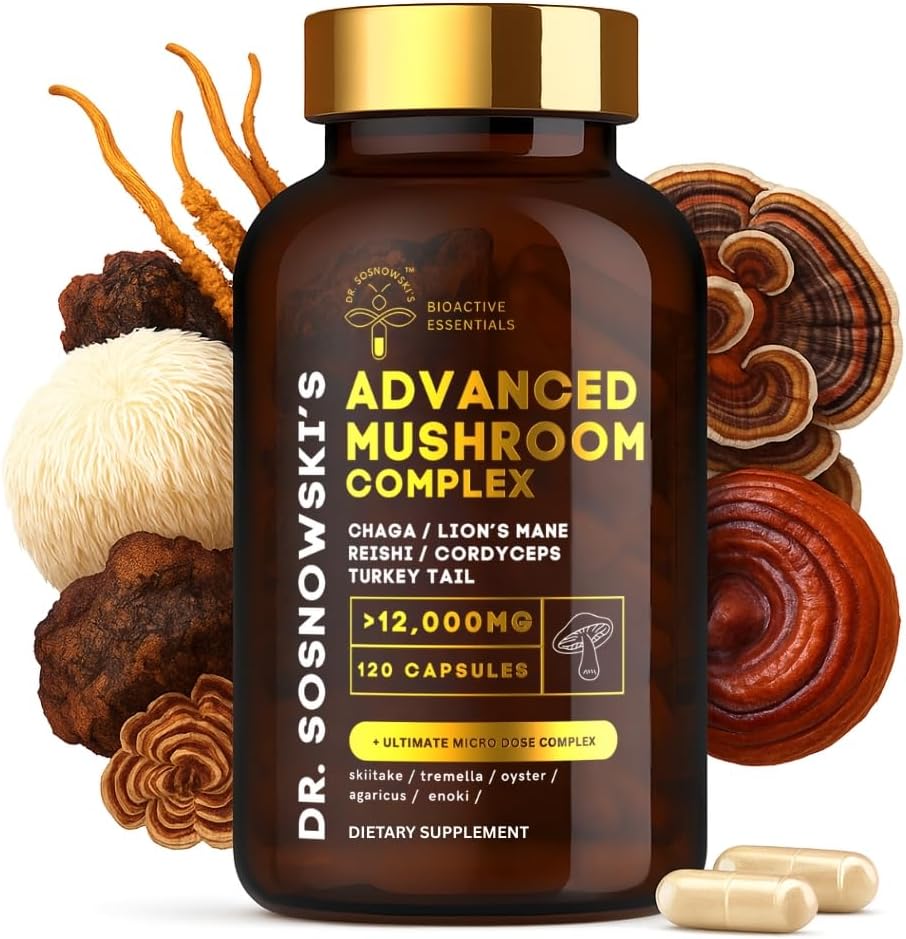 Dr Sosnowski's BioActive X10 Mushroom Complex | Potent Extracts of Lion's Mane, Cordyceps, Chaga, Turkey Tail, Reishi, Shiitake, Tremelia, Oyster, Agaricus & Enoki | 120 Capsules