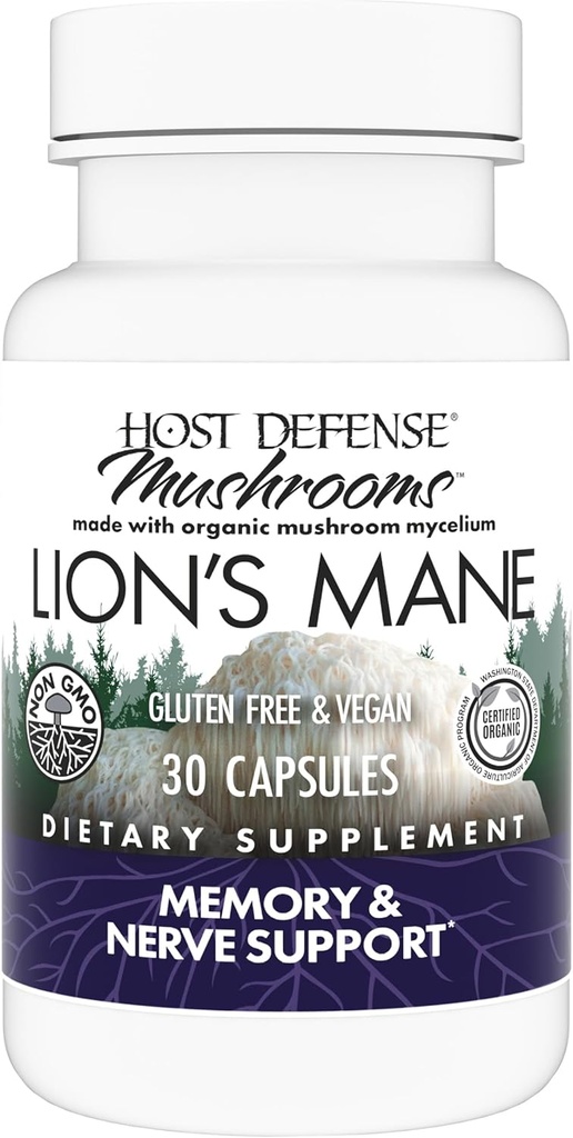 Host Defense Mushrooms Lion's Mane - Beyin Sağlık Desteği için Tamam Kapsüller - Odak ve Hafıza Fonksiyonu için Destek - Immune & Nervous System Supplement - 30 Capsules (15 Hizmetler)*