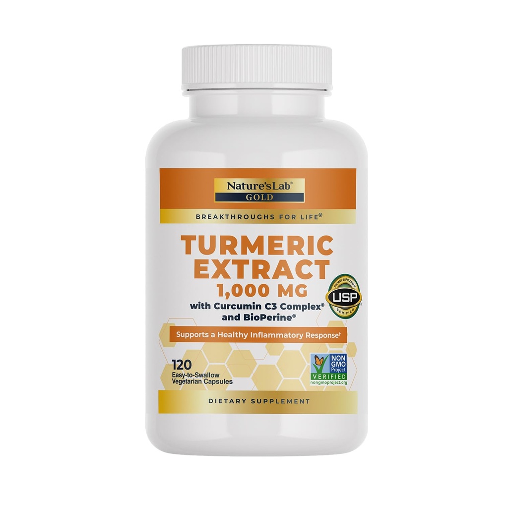 Nature's Lab Turmeric Curcumin C3 Kompleksi 1000 mg - Turmeric Extract 1000 mg & BioPerine 5mg Standartized to% 95, Supports Cardiovascular, Immune, Ortak, Skin Health - 120 Capsules (60 Day Supply)