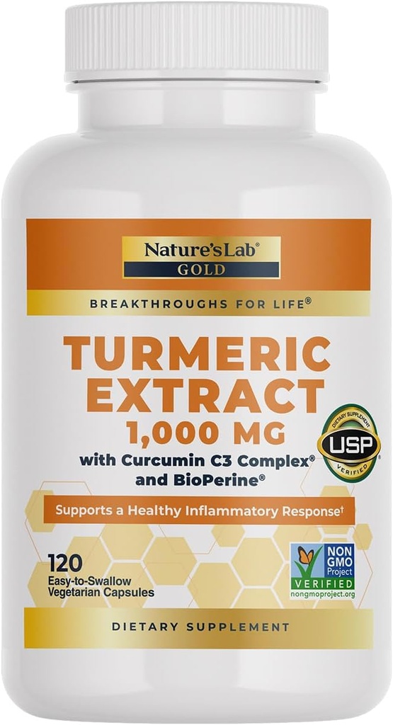Nature's Lab Turmeric Curcumin C3 Kompleksi 1000 mg - Turmeric Extract 1000 mg & BioPerine 5mg Standartized to% 95, Supports Cardiovascular, Immune, Ortak, Skin Health - 120 Capsules (60 Day Supply)