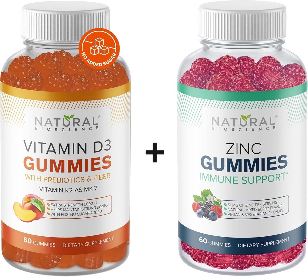 Φυσικό BioScience Sugar Free Βιταμίνη D3 K2 Gummies 5000 IU & Zinc Gummies 50 mg, Extra Strength, Immune Support, Bone Health, Heart Health, Skin Support, 60 Gummy Vitamins