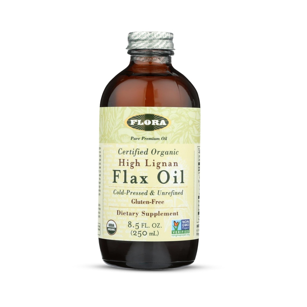 Flora Health Certified Organic High Lignan Flax Seed Oil, Cold Pressed, Unrefined & Gluten Free with Essential Faty Acids, Unmodified Flaxseed Oil, 17 fl. oz. Γυάλινη φιάλη