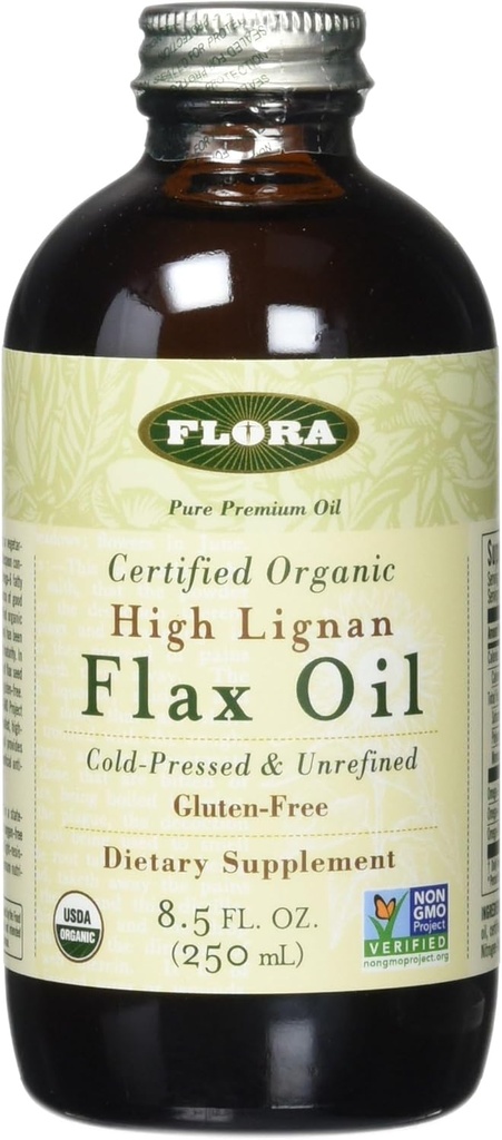 Flora Health sertifikalı Organik High Lignan Flax Tohum Petrol, Soğuk Baskı, Unrefined & Gluten Free with Essential Fatty Acids, Unmodified Flaxseed Oil, 17 fl. oz. Şişe cam şişe