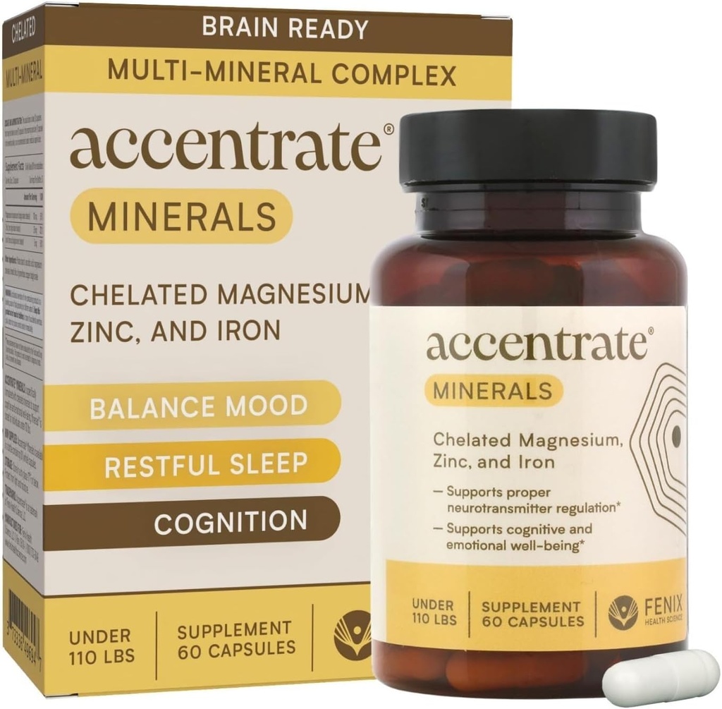 Accentrate Minerals - Συμπλήρωμα μαγνησίου για τα παιδιά – Χηλικός ψευδάργυρος μαγνήσιο σιδήρου (Mg Zn Fe) – Mental Wellness Mineral συμπλήρωμα για την εστίαση, Mood & Brain Υποστήριξη – Bioδιαθέσιμο – 60 κάψουλες