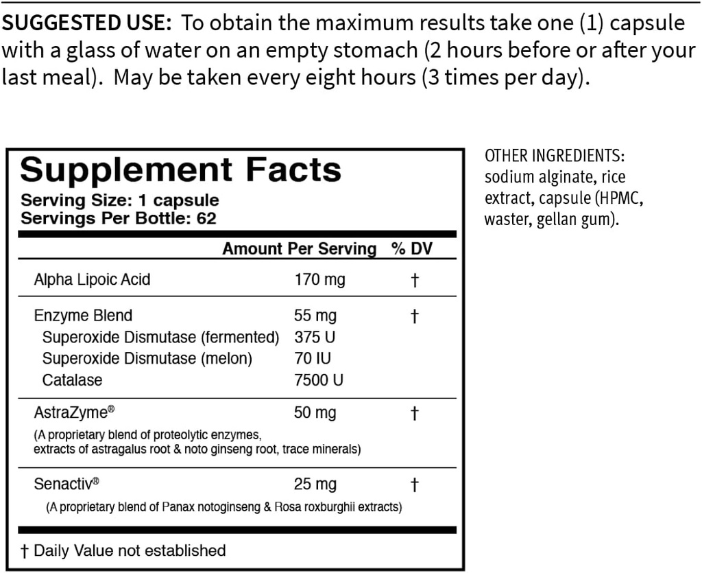 USAEnzymes YOUTHXYM 62 Gecikme Vegetarian Capsules, Anti-Oxidant Enzyme Supplement. 170 mg of Alfa Lipoic Acid (ALA) + 50mg of AstraZyme Protein Digestion.