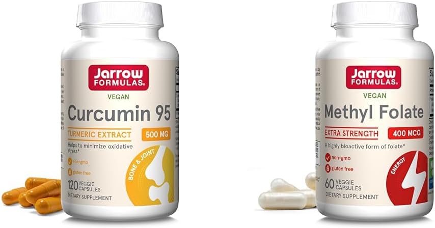 Jarrow Formulas Κουρκουμίνη 95 500mg και Φολικό Μεθύλιο 400mcg Αντιοξειδωτικό και Καρδιαγγειακή Υγεία Υποστήριξη Συμπλήρωμα διατροφής Bundle, 120 και 60 κάψουλες Veggie