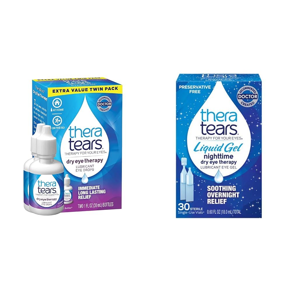 TheraTears Dry Eye Therapy Lubricating Eye Drops for Dry Eyes, 1 fl oz Bottle Twin Pack, (2 x 30mL Bottles) & Liquid Gel Nighttime Lubricating Eye Drops for Dry Eyes, Single-Use Vials, 30 Count