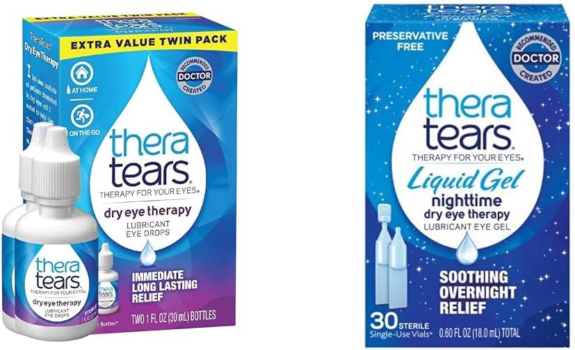 TheraTears Kuru Göz Terapisi Kuru Göz Ölüyor, Kuru Gözler için 1 fl oz Şişe Twin Pack, (2 x 30mL Şişeler) ve Sıvı Gel Gecesi Kuru Gözler için Duş, Single-Use Vials, 30 Count