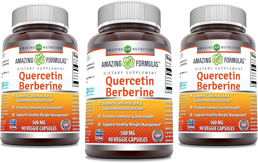 Amazing Formulas Quercetin Berberine | 250 mg Berberine ve 250 mg Quercetin | Veggie Capsules Supplement | Non-GMO | Gluten Free | Made in USA (90 | 3 Pack)