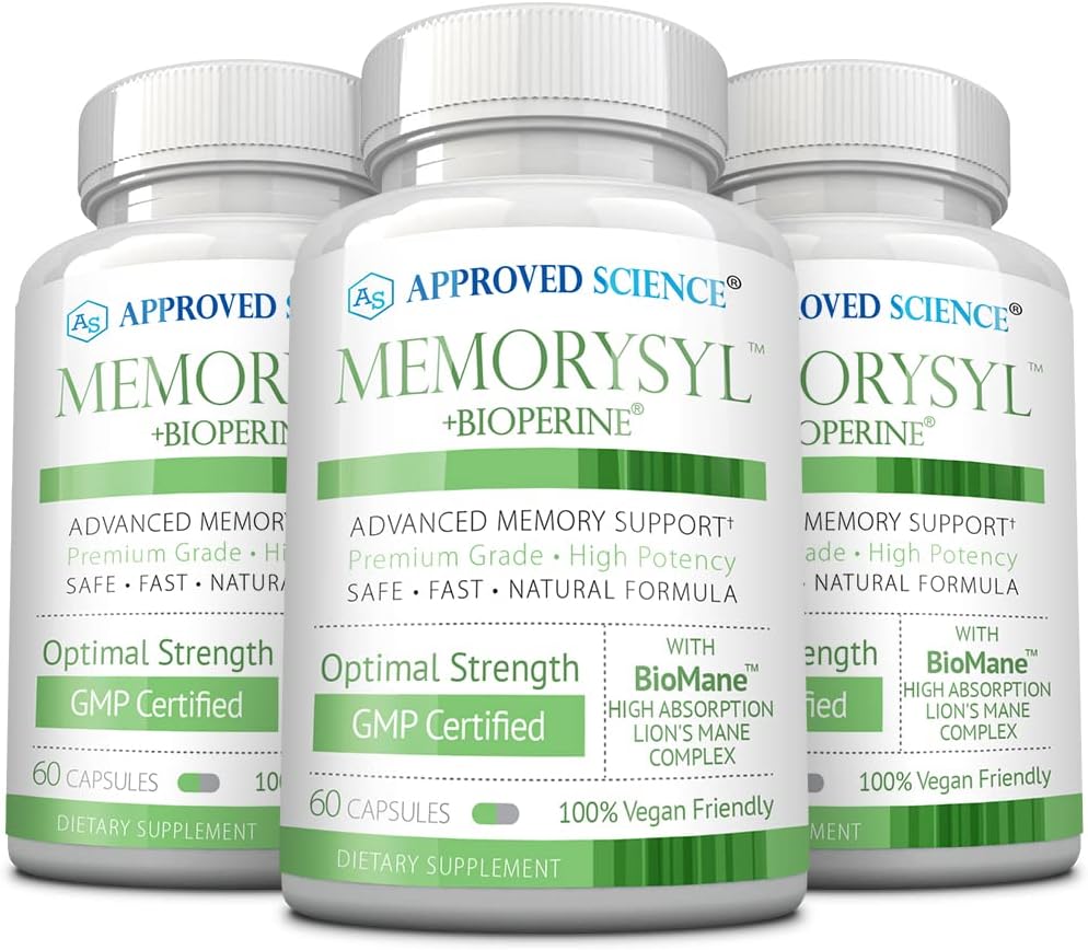 Approved Science MemorySyl - Memory Boosting Supplement - Improve Focus and Concentration - Protect Against Cognitive Decline - with Lion’s Mane and BioPerine - 3 Month Supply - Vegan