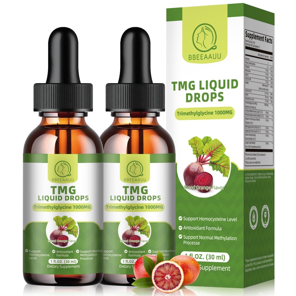 TMG Συμπληρώματα 1000MG - Trimethylglycine Liquid Drops, Betaine Υψηλή απορρόφηση, Υποστηρίζει μεθυλίωση, ηπατική ευεξία & Γνωστική, μη-GMO, Vegan, Blood Orange Flavor, 1 FL.Oz (2 Pack)