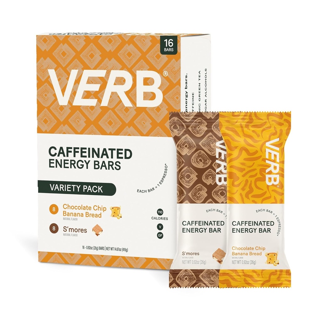Verb Caffeinated Energy Bars Diversity Pack - 2 Delicious Flavors (26g, Pack of 16) 110-Calorie Delicious Low Sugar Energy Bar, Vegan & Gluten Free On- Go Snack with 80mg Green Tea Caffeine