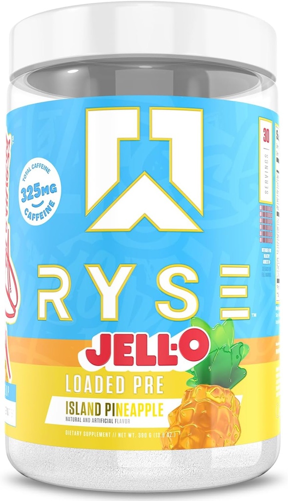 RYSE Loaded Pre Workout Toz - Jell-O Island Pineapple - 325 mg Caffeine, Beta Alanine ve Citrulline for Pump, Focus, and Energy - 30 Servisler