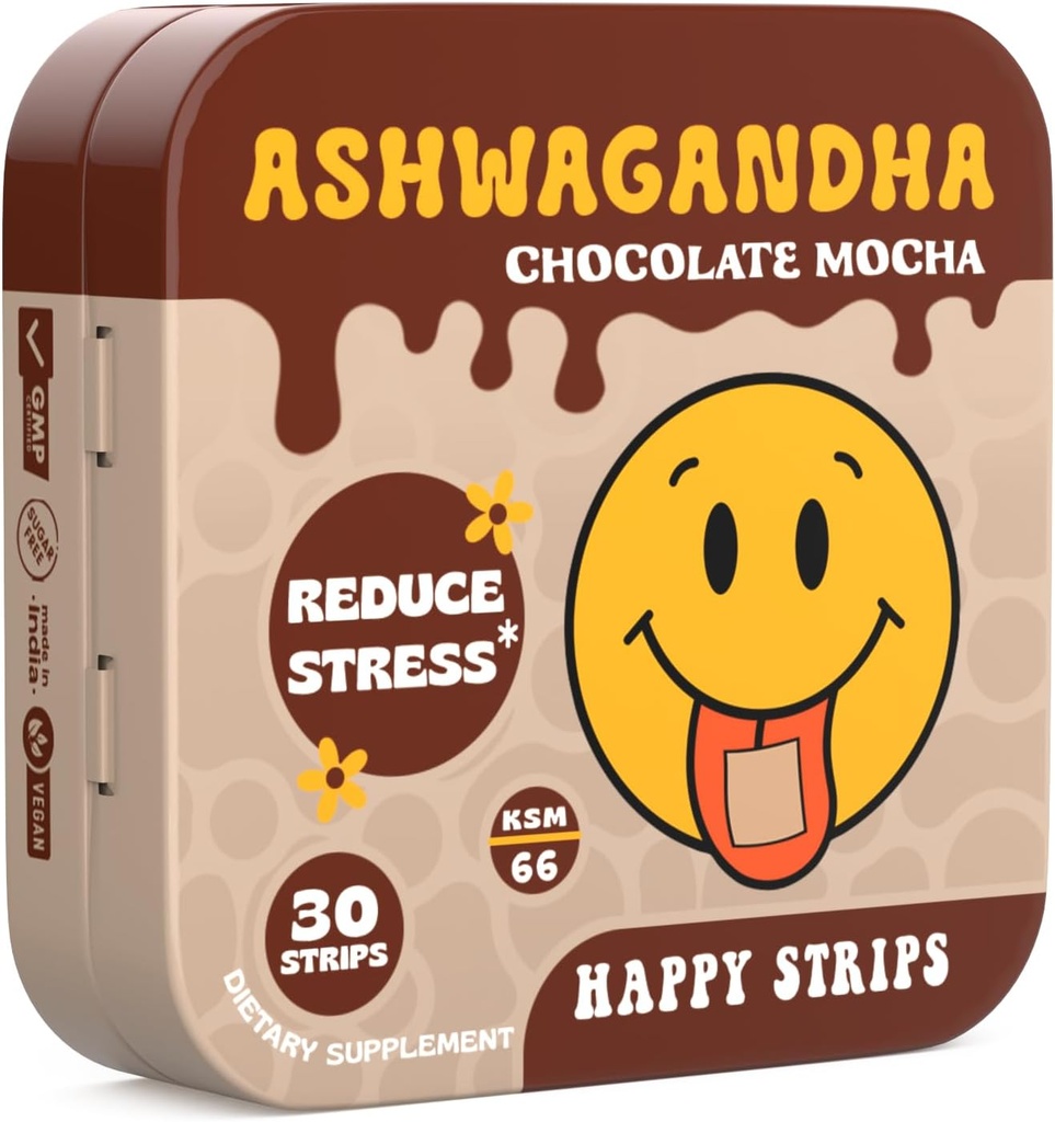 Mutlu Strips Organik Ashwagandha KSM 66 & GABA Stres Yardımı için, Calmness, Uyku - Hızlı Giriş, Çikolata, Mocha Flavored, Organik, Vegan, Sugar-Free - 30 Count
