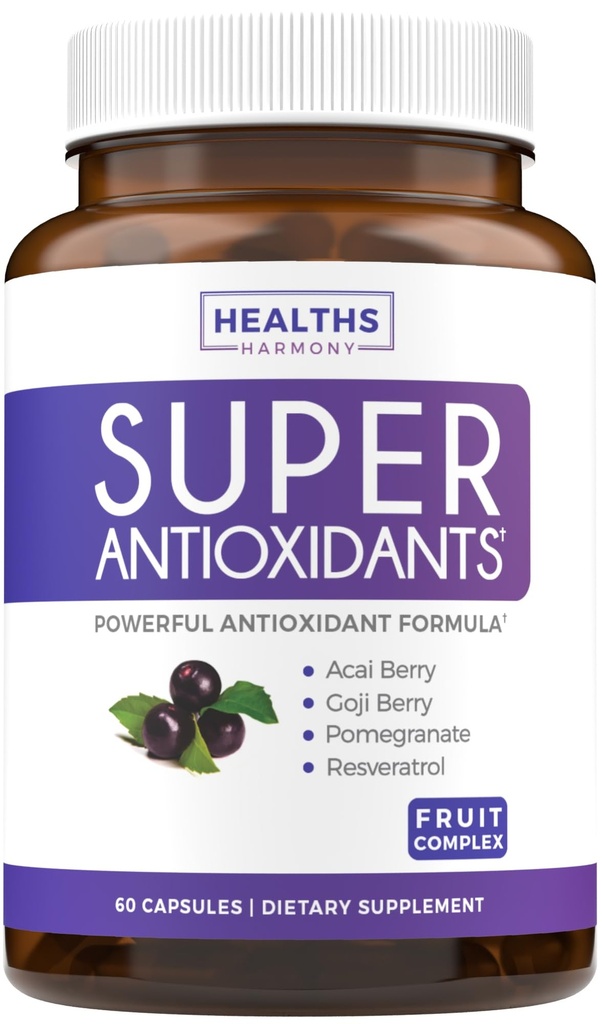 Kadın ve Erkekler için Super Antioksis Tamam - Acai, Goji, Pomegranate, Elderberry & Resveratrol - Vegan & Non-GMO - 60 Capsules