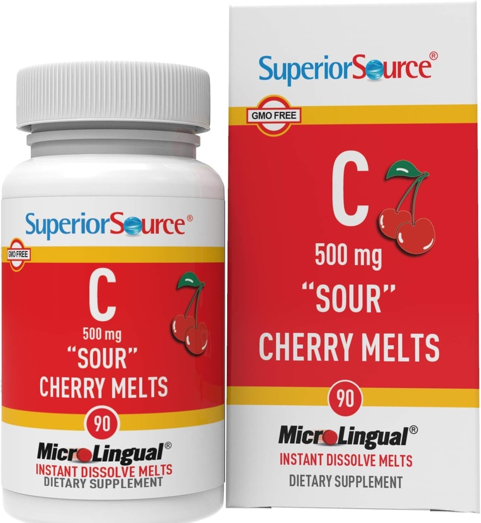 Superior Source Vitamin C 500 mg " Sour" τήξη κεράσι - Daily Vitamin Supplement Υποστηρίζει την Ανοσολογική Υγεία - Vitamin C Formula Aids Cell Health - 90 Υπογλώσσια Δισκία Διάλυσης