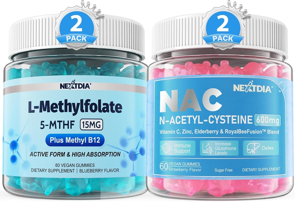 L-MethylFolate 15mg & Methyl B12 Gummies + NAC Gummies, 600 mg N-Acetyl Cysteine Supplement