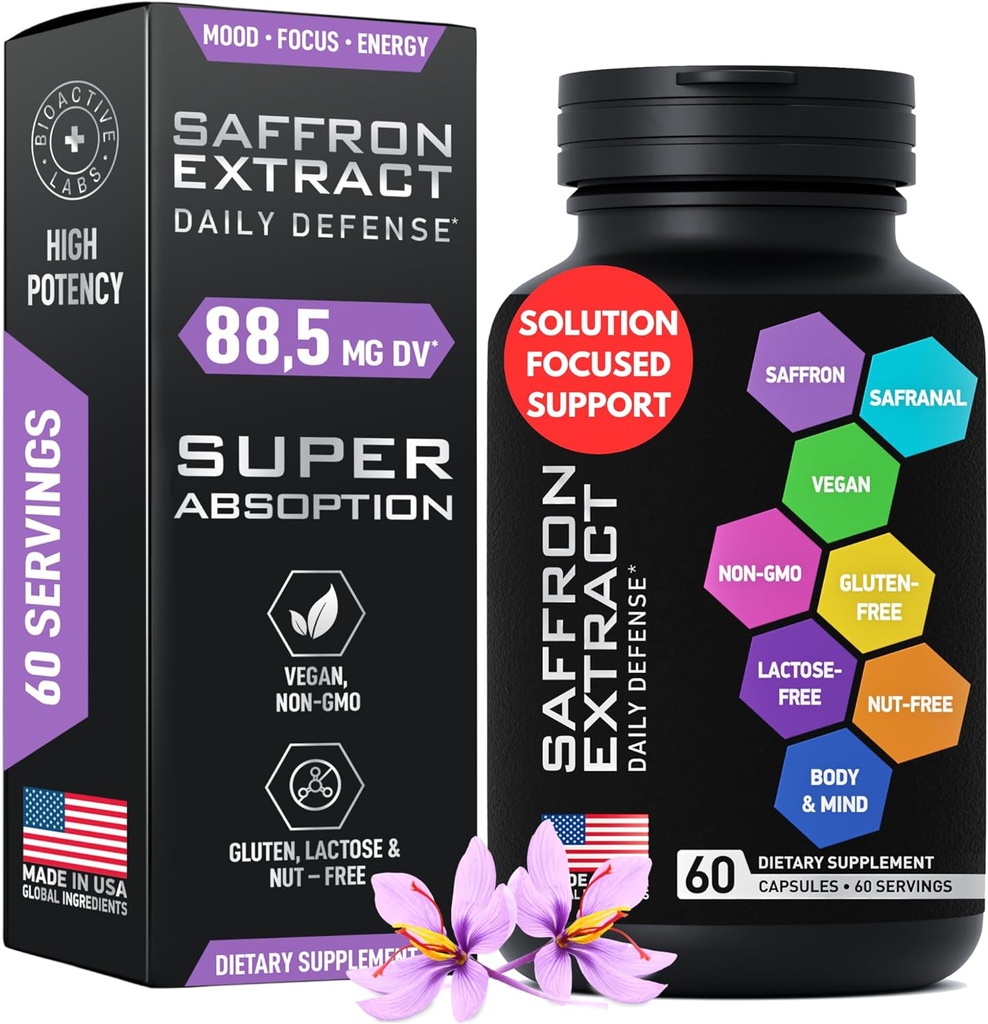 Saffron Supplements - Mood Support, Focus, Energy - Plus Crocin, Crocetin, Kaempferol - Gluten-Free, Non-GMO - 1-a-Day 60 Capsules