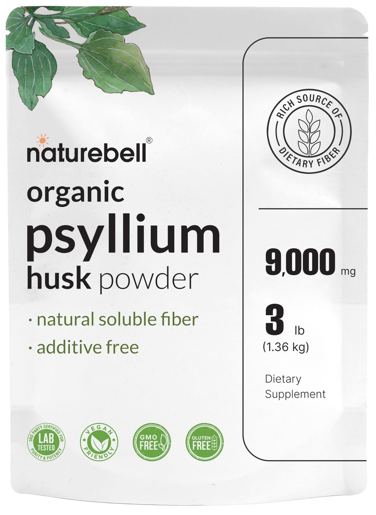 NatureBell Psyllium Husk Fiber Supplement, 9,000mg Per Servis, 3lb (48oz) Toz | Digestive & Gut Health | Plant-Based, Unflavored, Non-GMO, Gluten-Free-GMO, Gluten-Free