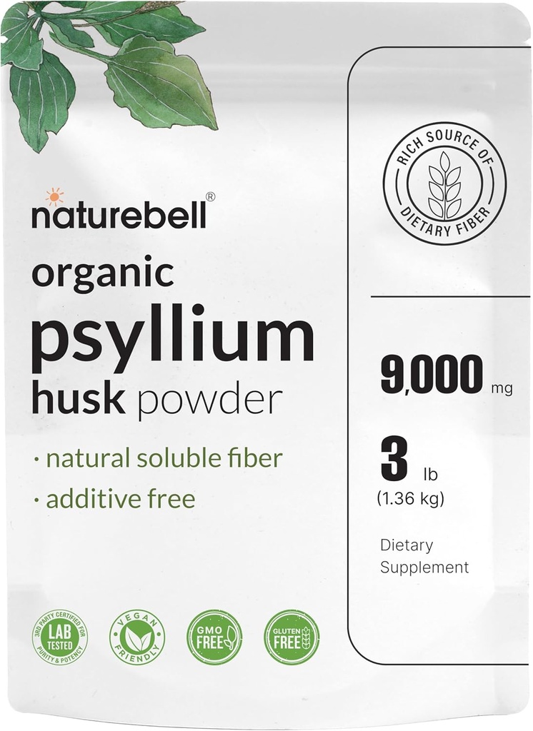 NatureBell Psyllium Husk Fiber Supplement, 9,000mg Per Servis, 3lb (48oz) Toz | Digestive & Gut Health | Plant-Based, Unflavored, Non-GMO, Gluten-Free-GMO, Gluten-Free