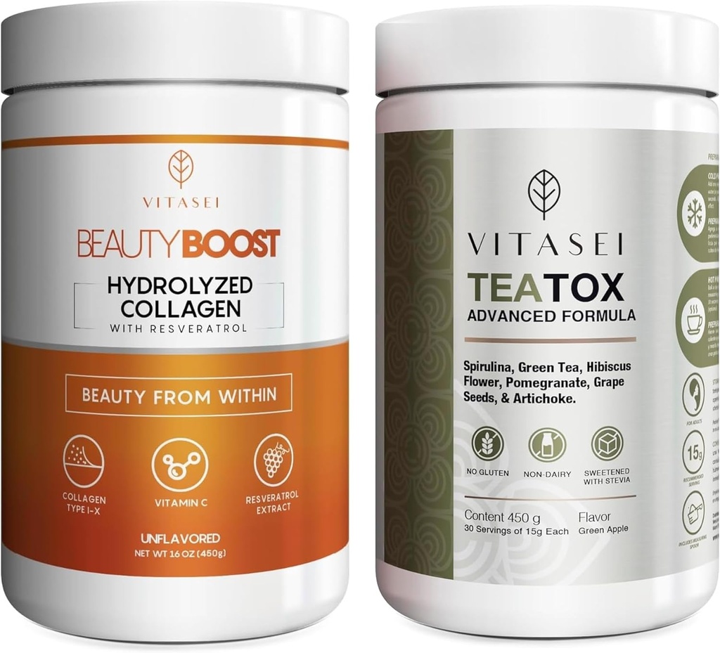 ΒΙΤΑΣΕΙ Wellness Bundle – Hydrolyzed Collagen Peptides Powder & Teatox Detox & Cleanse Υποστήριξη σε σκόνη – Hair, Skin, Nails & Digestion Booster για γυναίκες & άνδρες