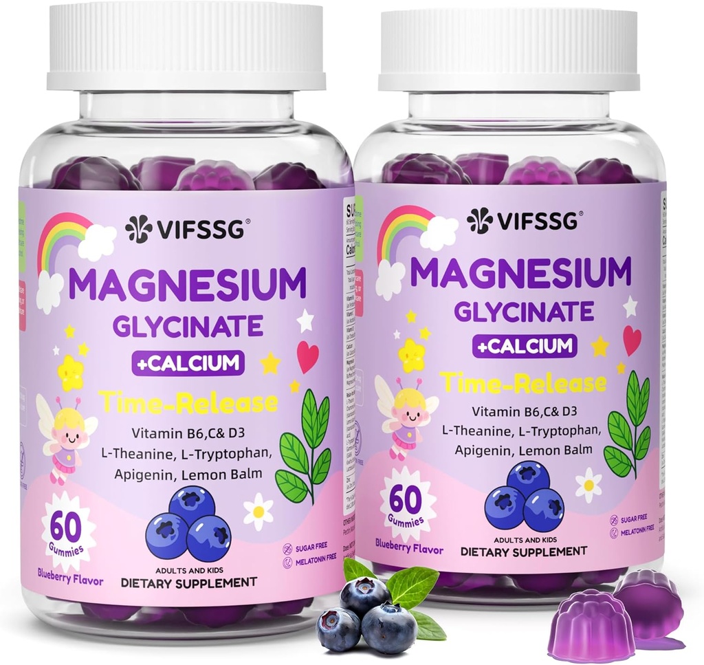Γλυκινικό μαγνήσιο Glycinate Gummies για ενήλικες & παιδιά 4+, 2 συσκευασία χωρίς ζάχαρη Μαγνήσιο Bisglycinate συμπλήρωμα 400/200mg με L Theanine, Χαμομήλι, Λέμον Balm για την υποστήριξη & ώρα ύπνου 120 Gummies