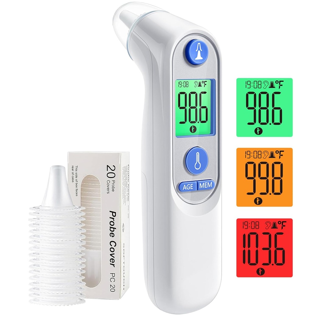 Earmeter, Çocuklar ve Yetişkinler için Dijital Kulak Termometre, 1s Sonuç ile Yüksek Hassas Bebek Termometre, 3 Renk Kodu ve 30 Memory Recall, Easy to Use, with 21 Peel Probe Covers
