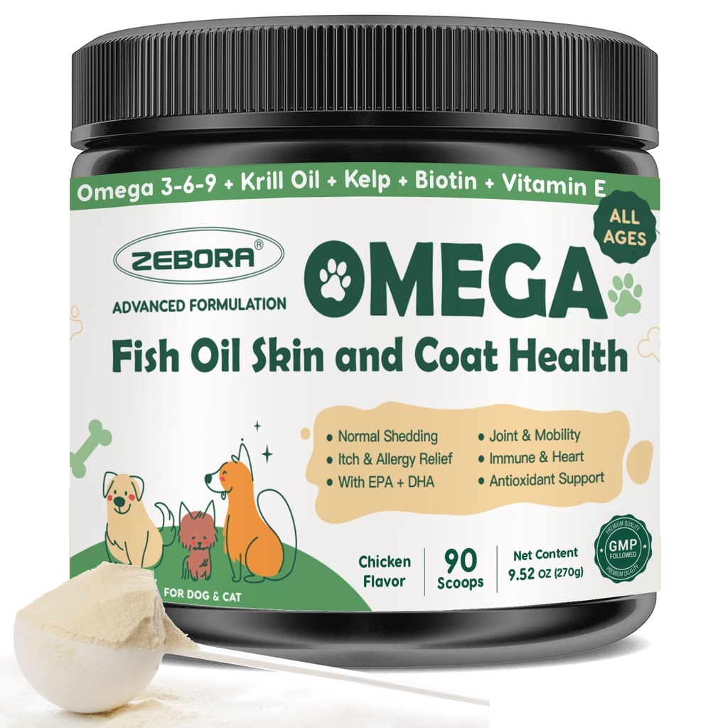 ZEBORA Omega 3 Köpekler için balık yağı, Wild Caught Dog Fish Oil, EPA & DHA, Krill Oil, Kelp, Skin ve Coat Supplement Supplement, Anti Itch & Shedding, Support Kuru Skin, Joint Health, Dog Antis
