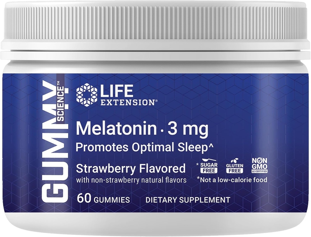 Life Extension Gummy ScienceTM Melatonin (Strawberry), 3 mg, Optimal Uyku Desteği, Sağlıklı siren Rhythm, Hücre Savunması, Gluten-Free, Non-GMO, Vegetarian, 60 Gummies