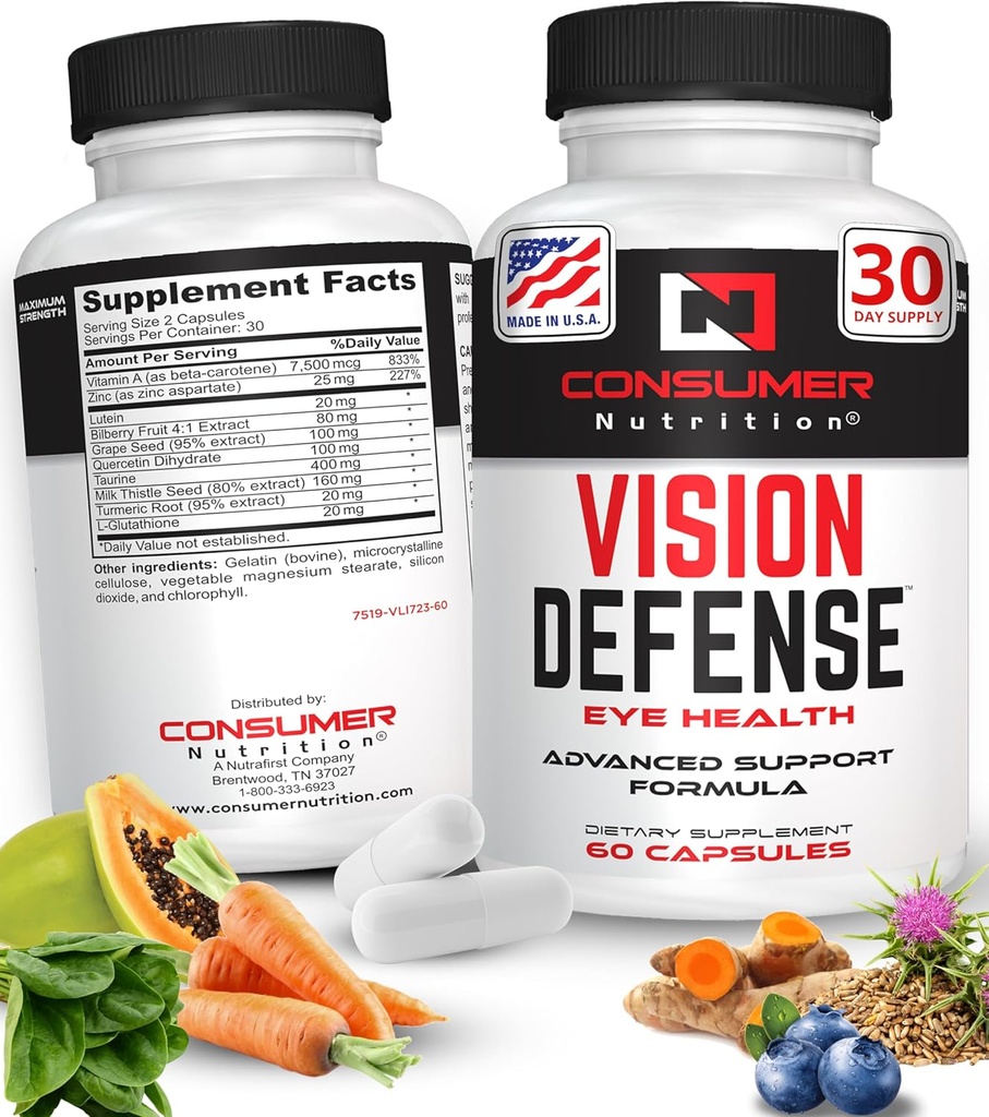 Yetişkinler için Göz Sağlığı Supplements - Destekler ve Göz Sağlığı A, Lutein, Taurin, Turmeric Root, Grape Tohumu ve Süt Butle Tohumu - Vizyon Savunma 60 Ctle