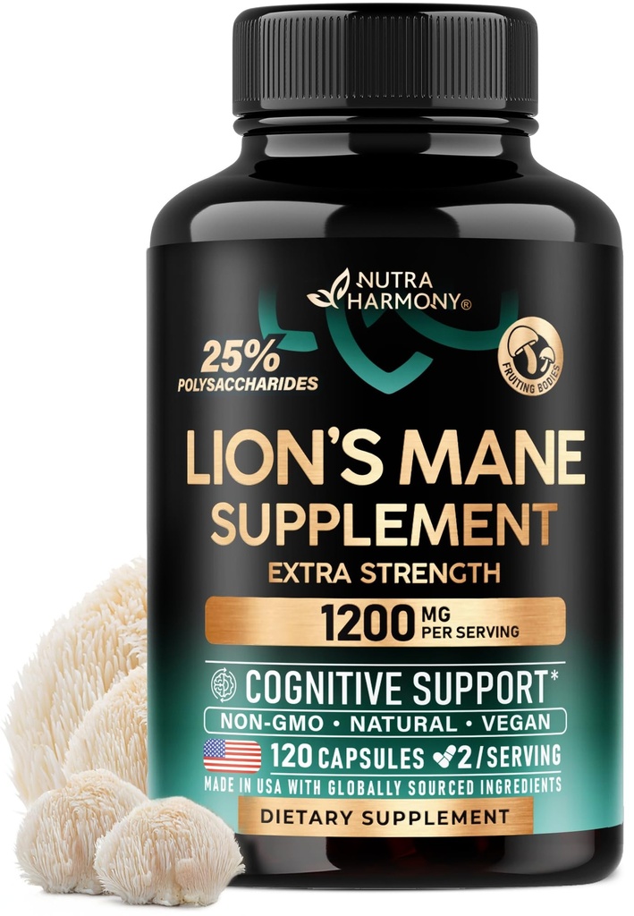 Lions Mane Supplement Capsules - Organik Lions Mane - ABD'de Made in ABD - Meyve Bodies Ekstraksiyonu - 1200 mg, 25 Polysaccharides - Memory & Focus Support - As Lions Toz - 120 Capsules, 2 Ay Supply