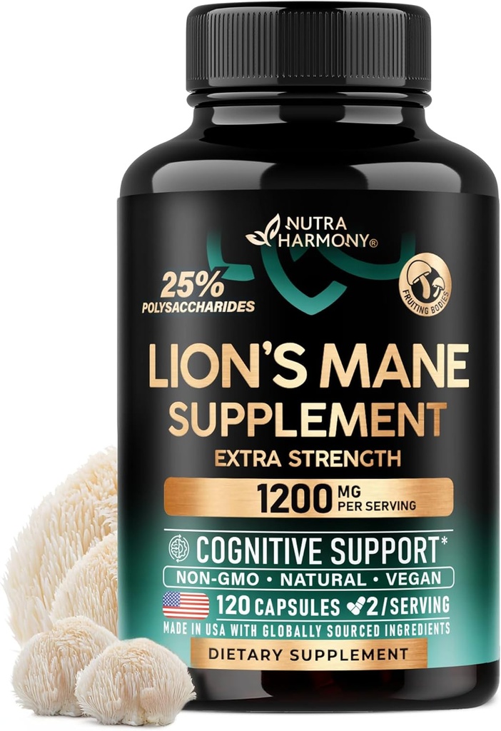 Lions Mane Supplement Capsules - Organik Lions Mane - ABD'de Made in ABD - Meyve Bodies Ekstraksiyonu - 1200 mg, 25 Polysaccharides - Memory & Focus Support - As Lions Toz - 120 Capsules, 2 Ay Supply