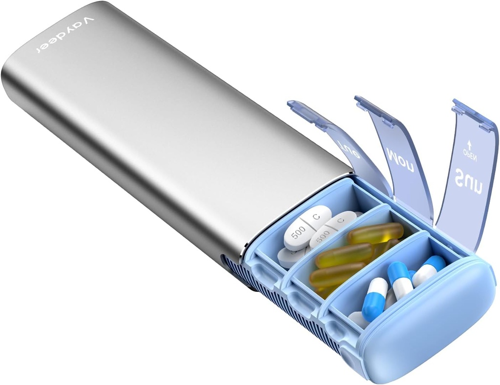 Vaydeer Metal Seyahat Pill Organizer, 7 Günlük Pill Box, Büyük Kapasite Daily Cute Pill Case for Supplements, Pills, Vitaminler ve İlaçlar (Küçük,Sliver)