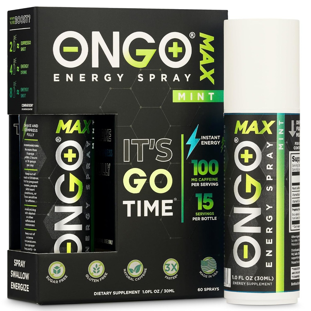 OnGo Energy - Natural kafein (1500 mg) Instant Energy Oral Spray | Vegan, Sugar and Gluten ücretsiz | B3, B6, B12 vitamin sprey | Focus and Memory | Study, Work and more | Mint lezzet | 15 hizmetkar
