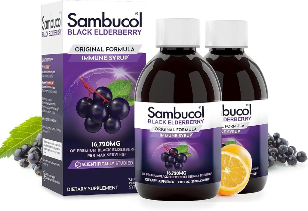 Sambucol Black Elder Syrup - Sambucus Syrup, Black Elderberry Liquid, Immune Support for Kids and Yetişkinler, Highoxys, Gluten Free - Original Formula, 7.8 Fl Oz, 2Pack