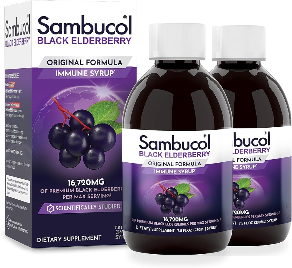Sambucol Black Elder Syrup - Sambucus Syrup, Black Elderberry Liquid, Immune Support for Kids and Yetişkinler, Highoxys, Gluten Free - Original Formula, 7.8 Fl Oz, 2Pack