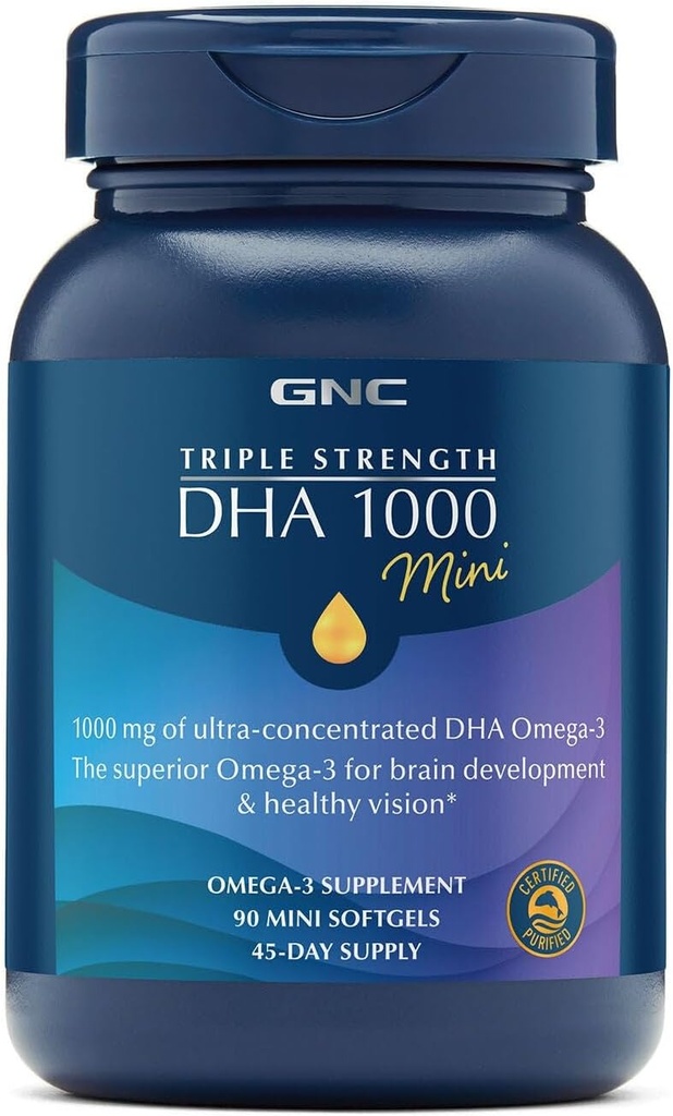 GNC Triple Strength DHA 1000 Mini Omega 3 Supplement, 1000 mg, Ultra Yoğun, Yüksek Potency, Beyin Gelişimi ve Sağlıklı Vizyon, Burpless, 90 Mini Softgels, 45 SVG, 45 Day Supply