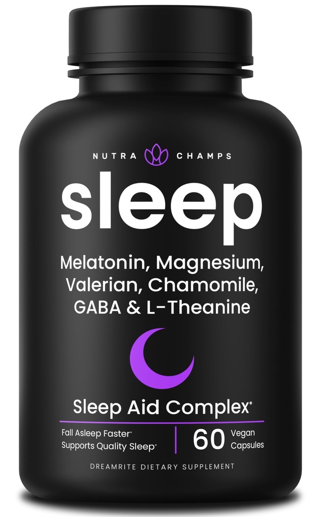 NutraChamps 10in-1 Natural Sleep Aids for Yetişkinler - Melatonin, Lemon Balm 1000 mg, Chamomile 400 mg, Valerian Root 600 mg, L Theanine, L Tryptophan, GABA Magnezyum