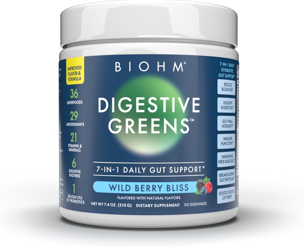 BIOHM Digestive Greens, Green Superfood Toz (7.4 Oz, 30 Hizmet) Immune & Gut Health Support with Antioksis, Vitamins, Probiyotiks & Enzymes, Good Source of Fiber Berry Flavor Flavor