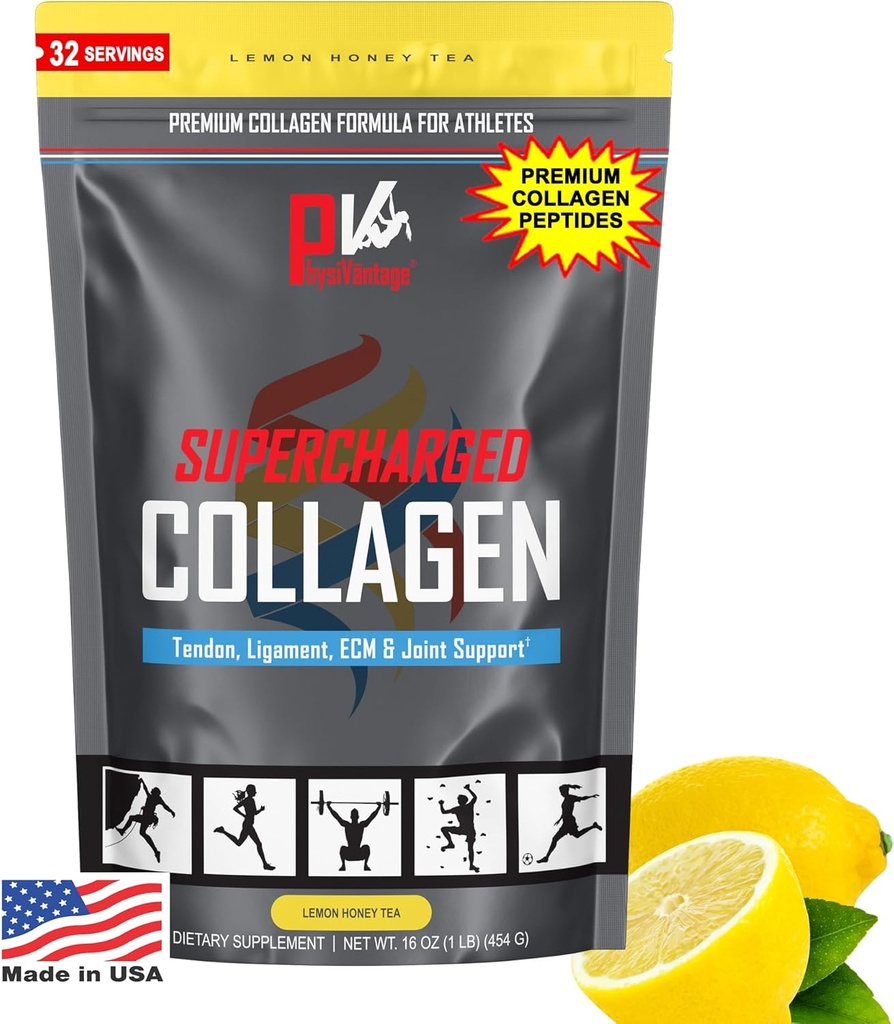 FizyVantage Supercharged Collagen, Toz - Ortak, Tendon, Ligament, & Skin Health - Limon Honey Tea, Chem, Paleo, 16oz | Vitamin C, BCAAs ile Geliştirildi, Grass-Fed
