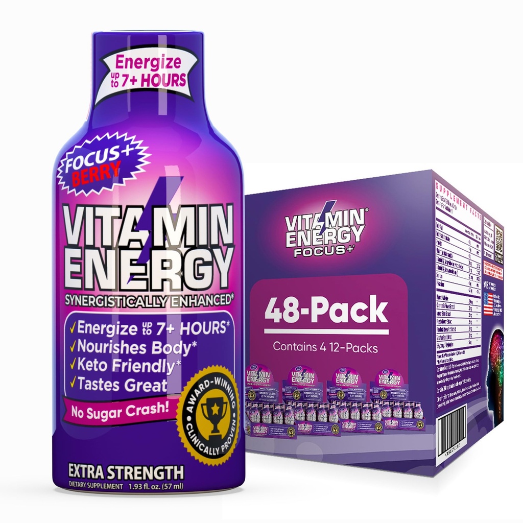 Enerji Focus+ Ekstra Güçlü Enerji Shot 48 Paketi, 260 mg Doğal Caffeine, B-Vitamins, CoQ10, Amino Asits, Focus, Verimlilik & Clarity, Zero Sugar, Gluten-Free, 1.93 fl oz