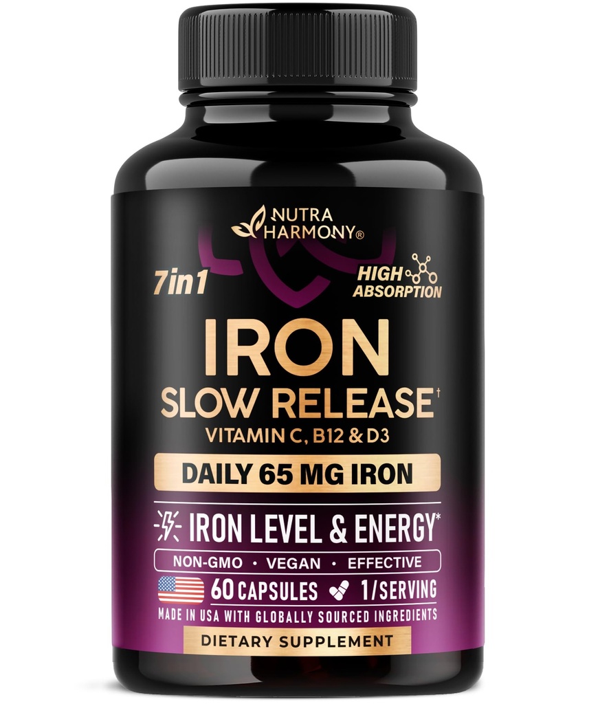 Kadınlar için Demir 65 mg (Ferrous Sulfate 325 mg) - Stomach Friendly | Slow release Iron | High Abxia - Vitamins C, D3, B6, B12 & Folate - Iron Level & Energy Support - 60 Capsules