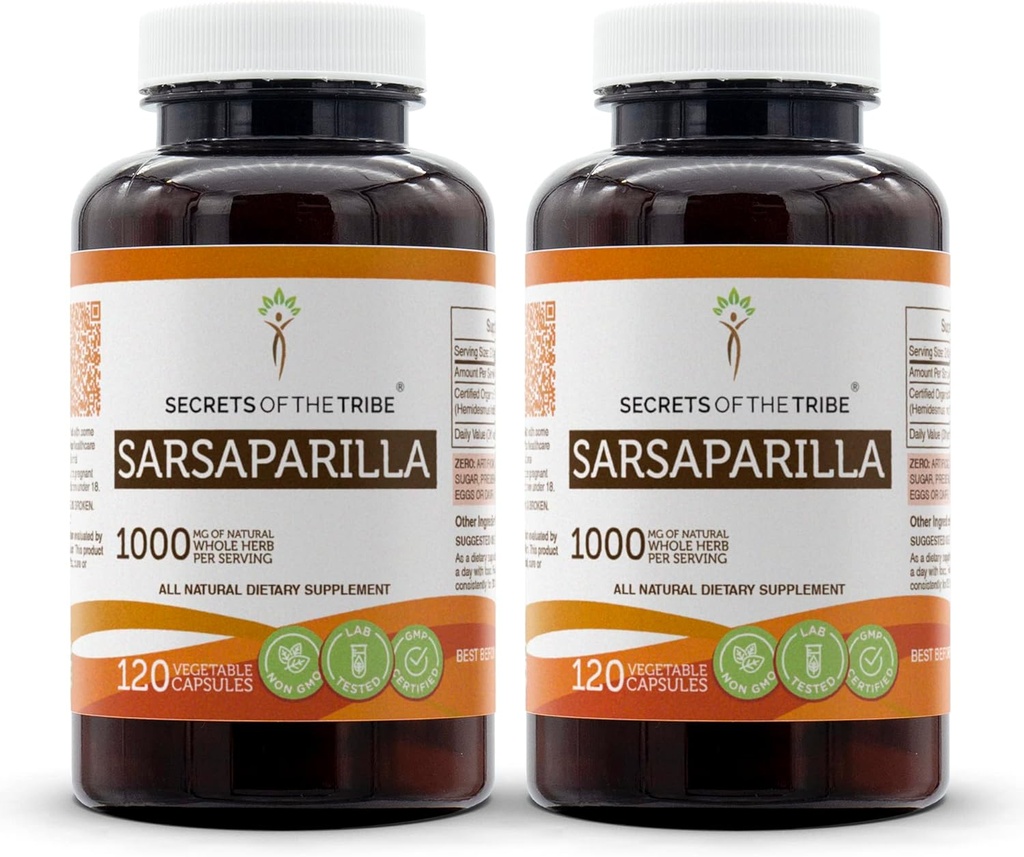 Secrets of the Tribe Sarsaparilla 120 Capsules(2 pcs.), 1000 mg, Sarsaparilla (Hemidesmus indicus) Dried Root (2x120 Capsules)